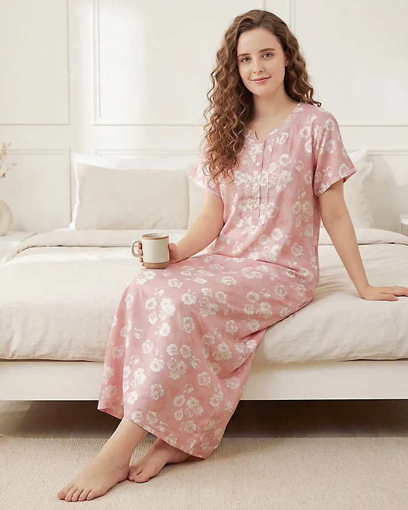 Baby Pink Floral Print Alpine Fabric Night Gown for Women